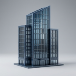 Tall modern skyscrapers with clear blue sky backdrop, serene urban scene.